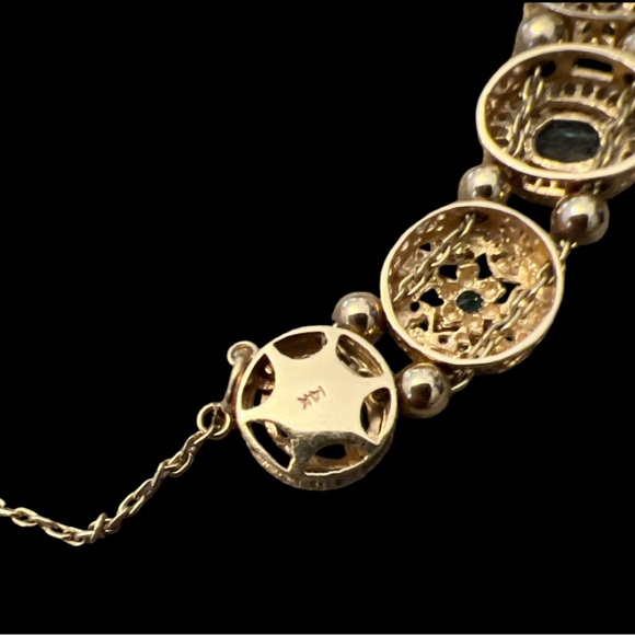 VINTAGE 14K YELLOW GOLD SLIDE BRACELET, GEMSTONES, GOLD BALL AND CHAIN SPACERS - Picture 8 of 17